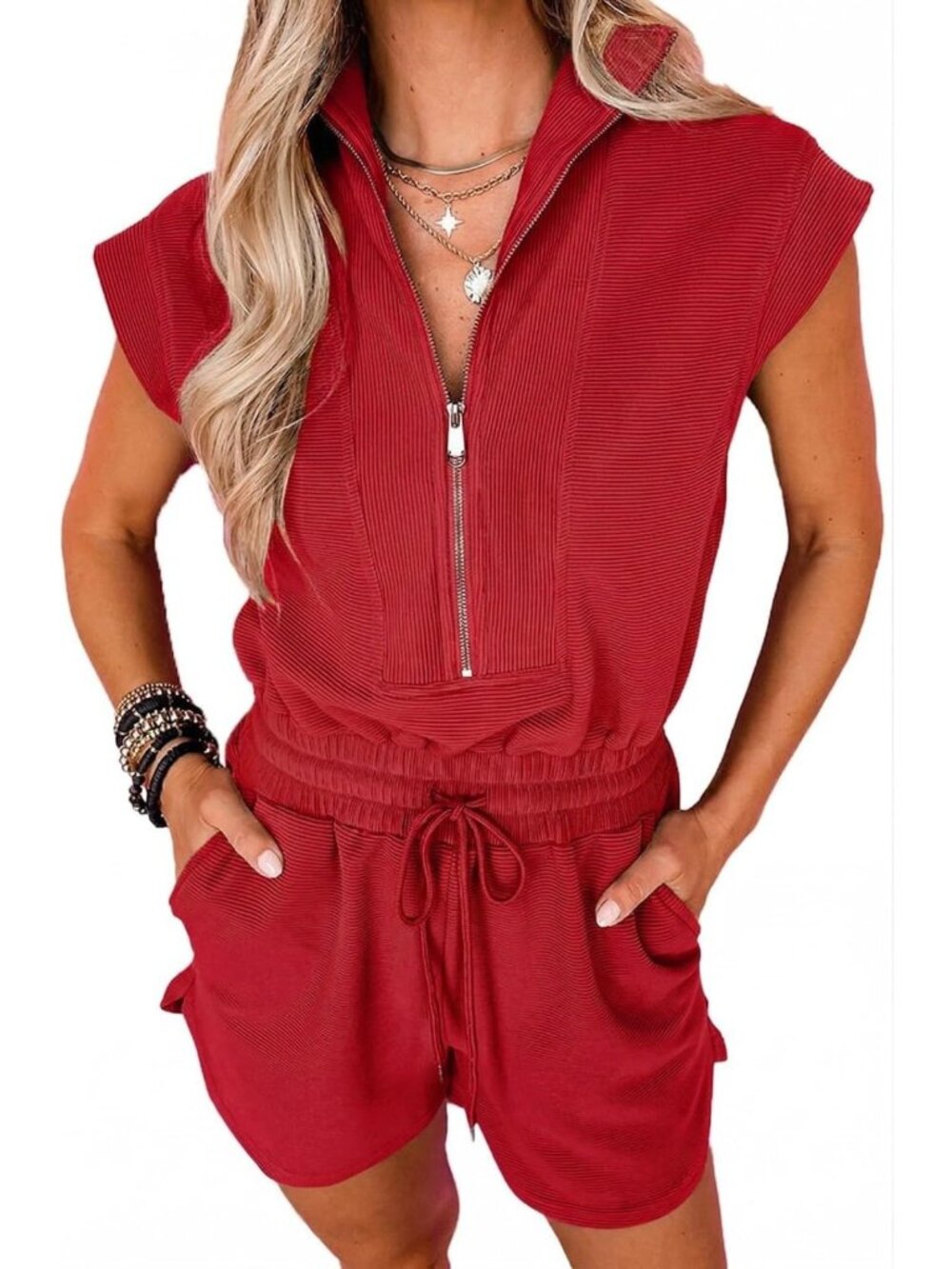 Summer Half Zip Romper for Women with Pockets | Trendy Casual Jumpsuit